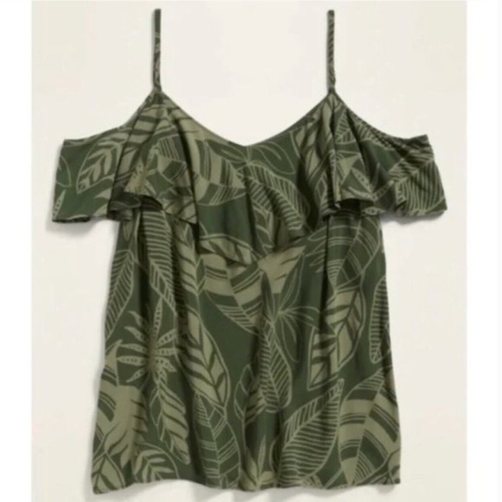 Old Navy Cold Shoulder Top Green Palm Leaf Print SZ XS